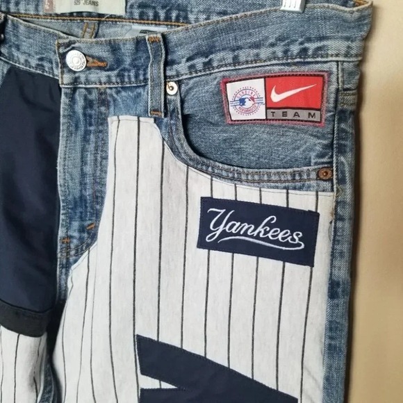 Levi's Low Rise Straight Patchwork Yankees  Baseball Nike White Red NY 34 - Picture 11 of 13